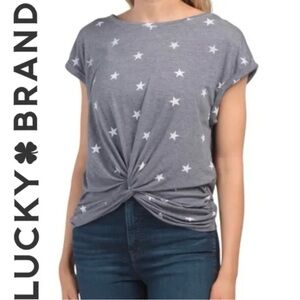Lucky Brand Stars Twist-Front Shirt Top Size M Grey Casual Boho Celestial